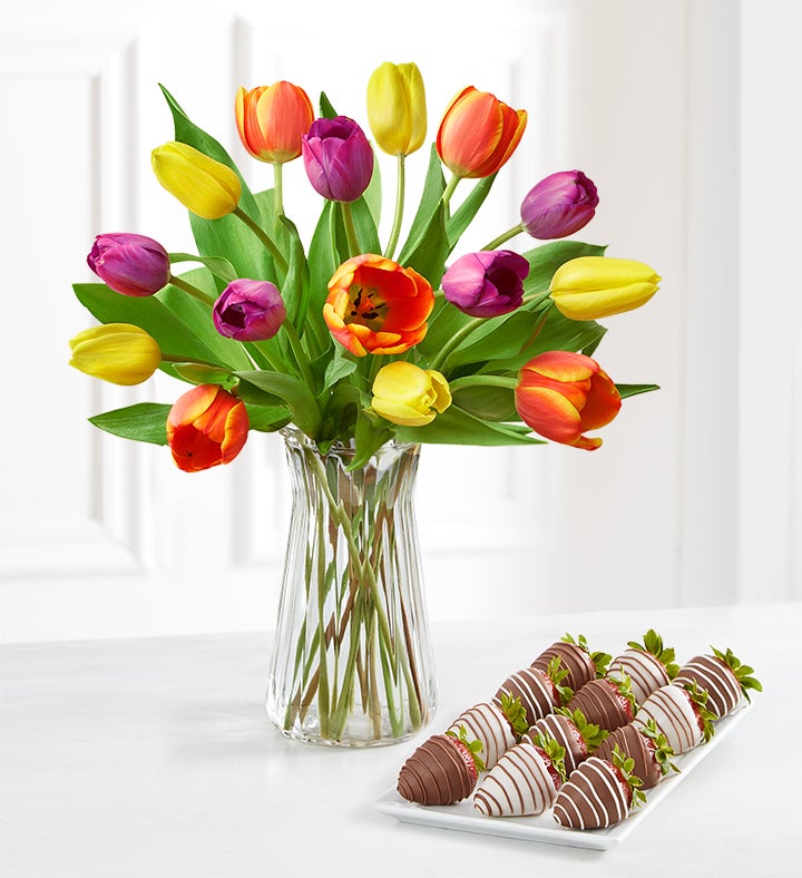 Deliciously Decadent™ Assorted Tulips & Drizzled Strawberries